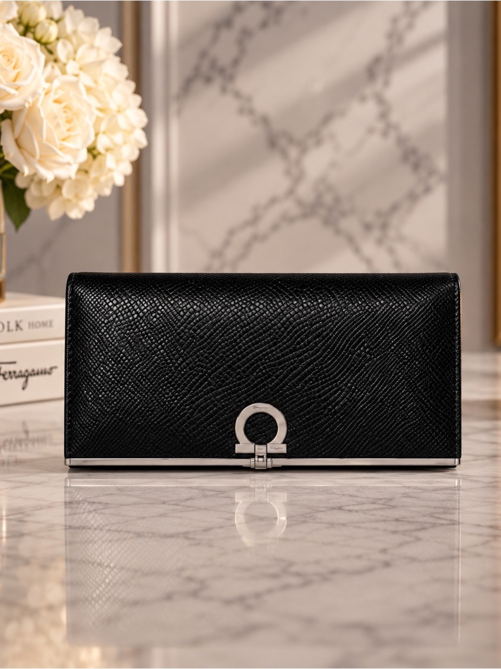 Salvatore Ferragamo Black Embossed Snake Leather Gancini Wallet | Full Set
